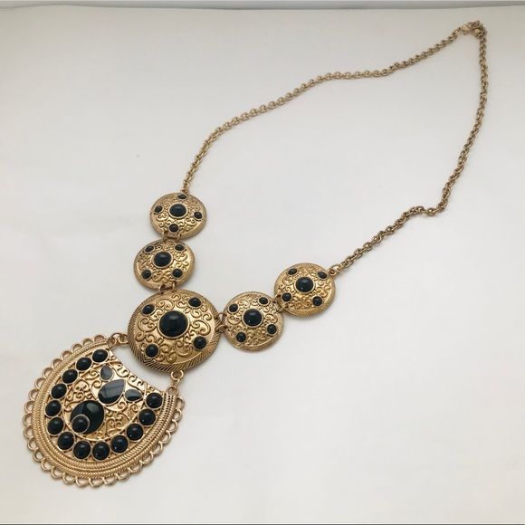 Gold Tone Black Statement Necklace - Picture 2 of 5